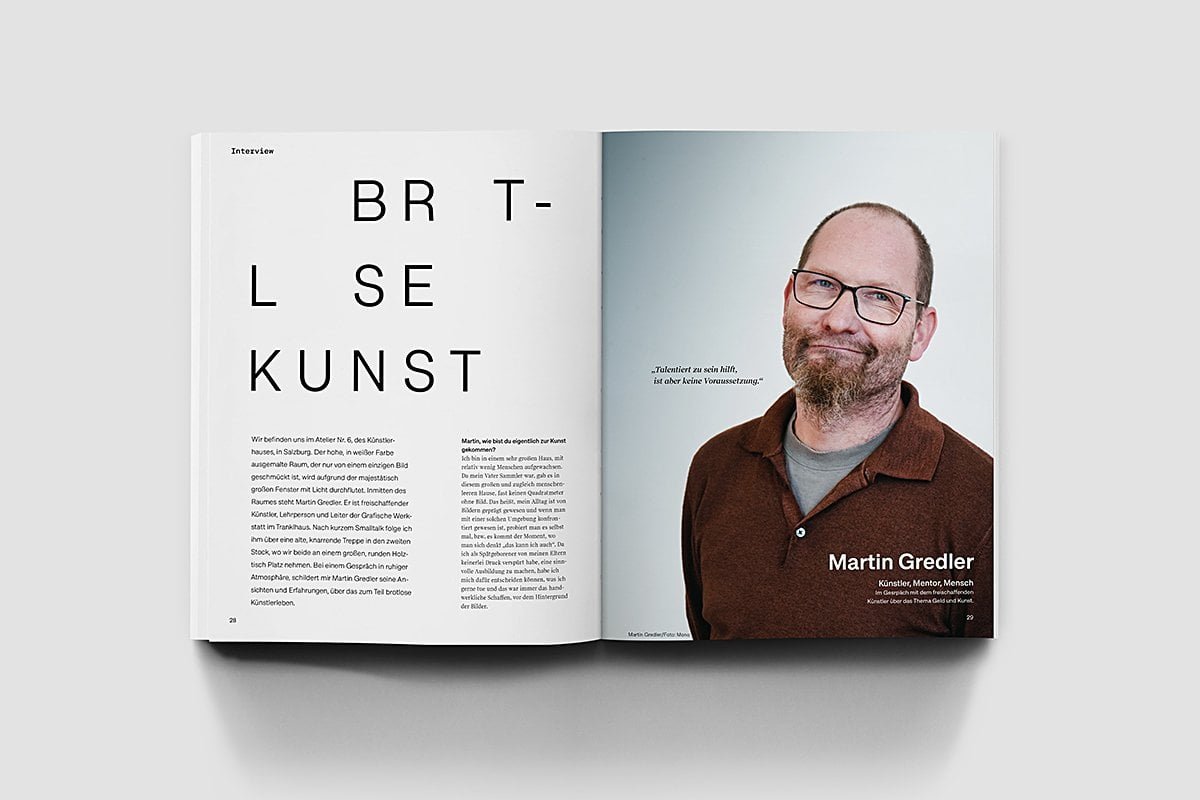 Magazinlayout Aufmacherseite, Interview mit Künstler Martin Gredler