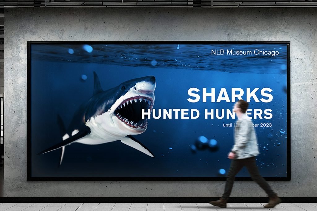 Haifisch auf großem Plakat "Sharks Hunted Hunters"